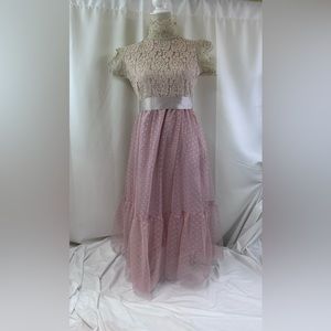 Patchwork Lace Half Crochet Mock Turtleneck Polka Dot Mesh Dress Size Medium